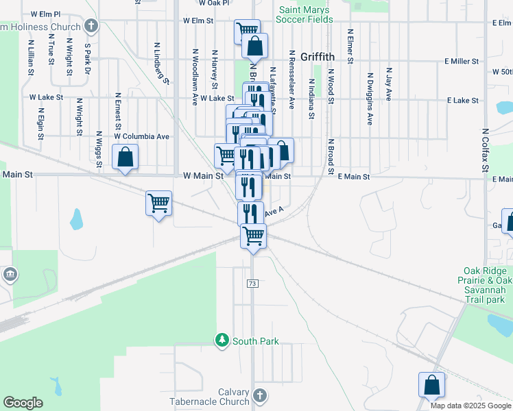 map of restaurants, bars, coffee shops, grocery stores, and more near 144 East Avenue A in Griffith