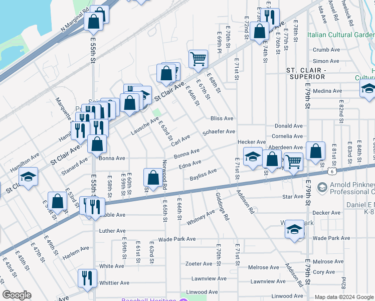 map of restaurants, bars, coffee shops, grocery stores, and more near 6705 Bonna Avenue in Cleveland