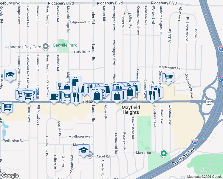 map of restaurants, bars, coffee shops, grocery stores, and more near 1434 Washington Blvd in Mayfield Heights