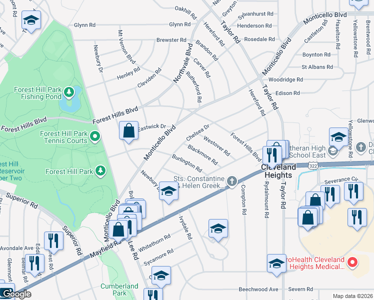map of restaurants, bars, coffee shops, grocery stores, and more near 1396 Blackmore Road in Cleveland Heights