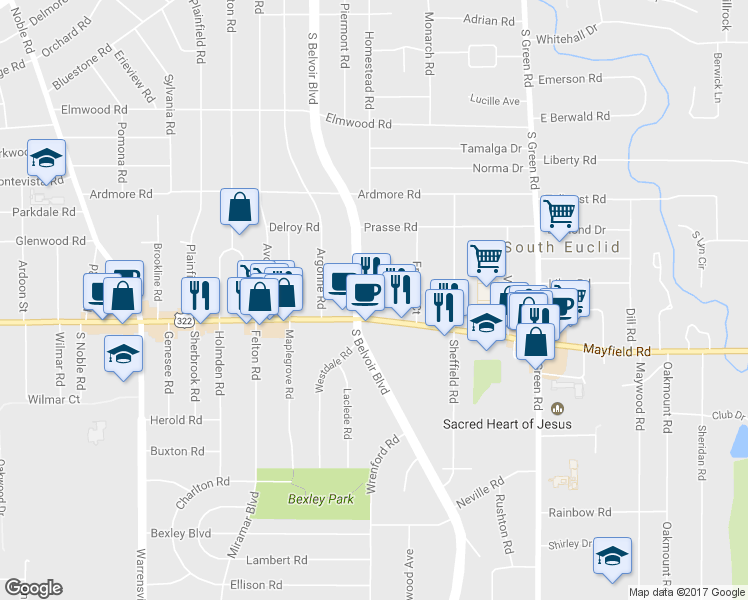 map of restaurants, bars, coffee shops, grocery stores, and more near 4263 Mayfield Road in South Euclid