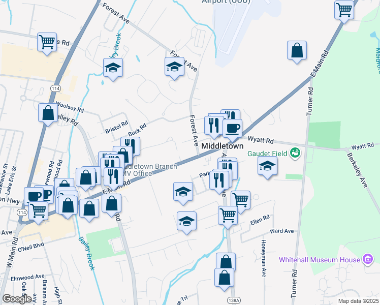 map of restaurants, bars, coffee shops, grocery stores, and more near 438 East Main Road in Middletown