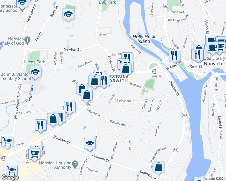 map of restaurants, bars, coffee shops, grocery stores, and more near 23 Peck Street in Norwich