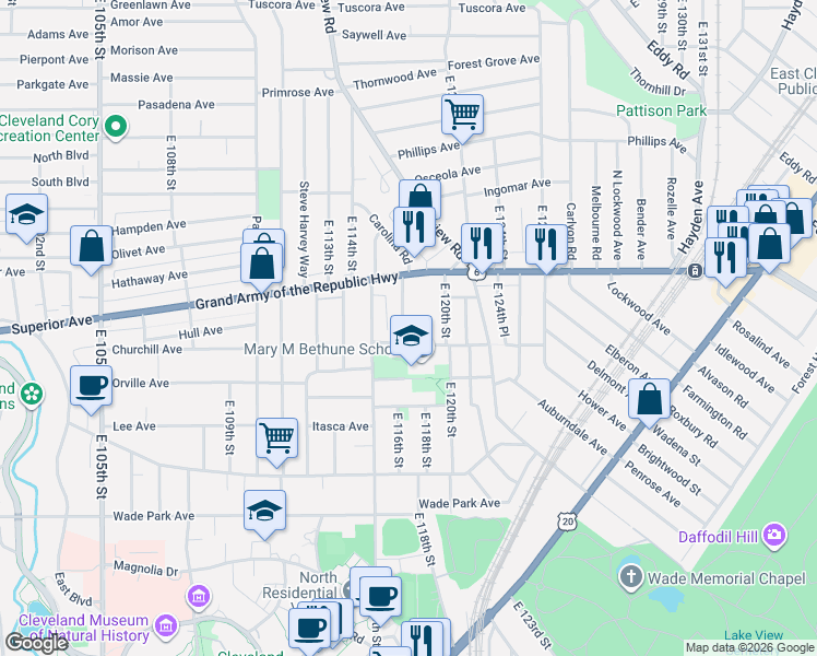 map of restaurants, bars, coffee shops, grocery stores, and more near 1349 East 117th Street in Cleveland