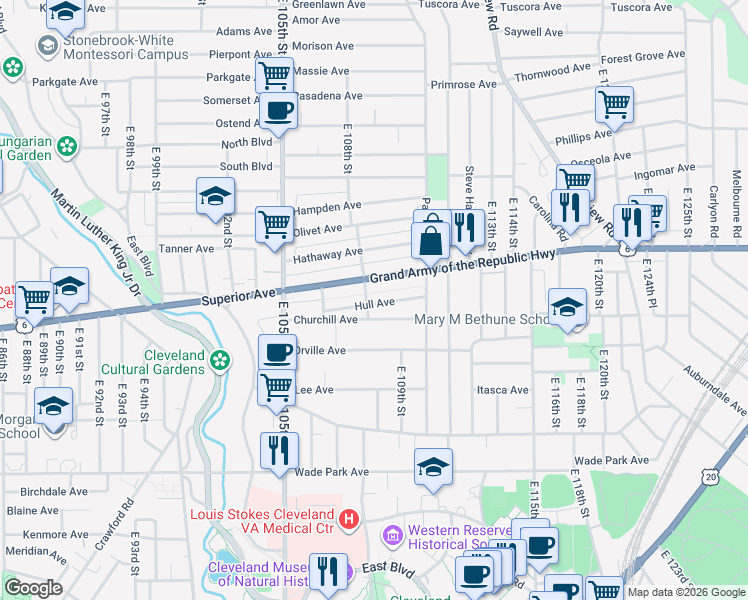 map of restaurants, bars, coffee shops, grocery stores, and more near 1314 East 108th Street in Cleveland