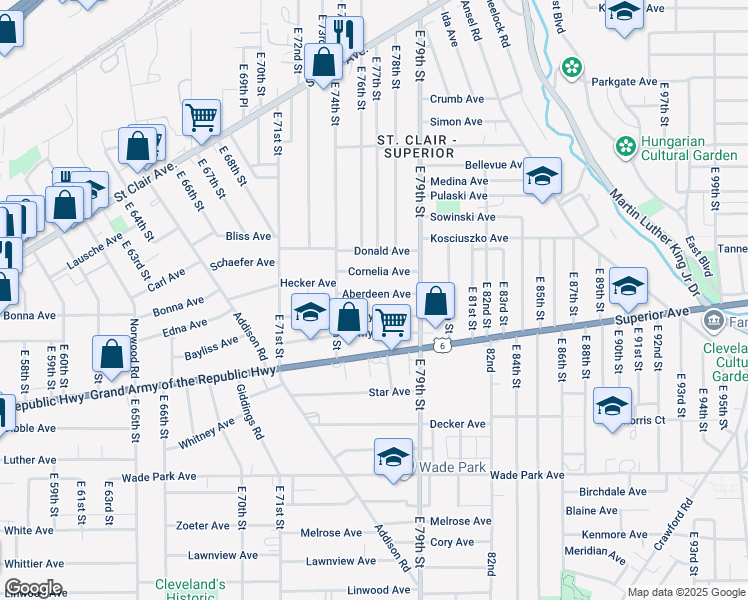 map of restaurants, bars, coffee shops, grocery stores, and more near 7512 Aberdeen Avenue in Cleveland