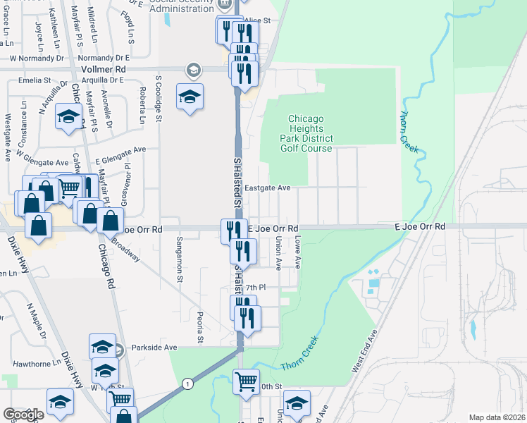 map of restaurants, bars, coffee shops, grocery stores, and more near 532 Emerald Avenue in Chicago Heights