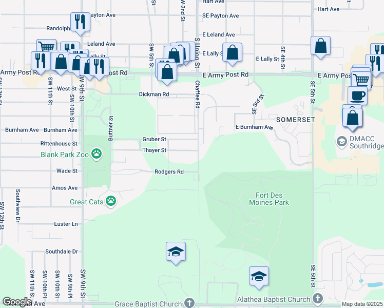map of restaurants, bars, coffee shops, grocery stores, and more near 6908 Chaffee Road in Des Moines