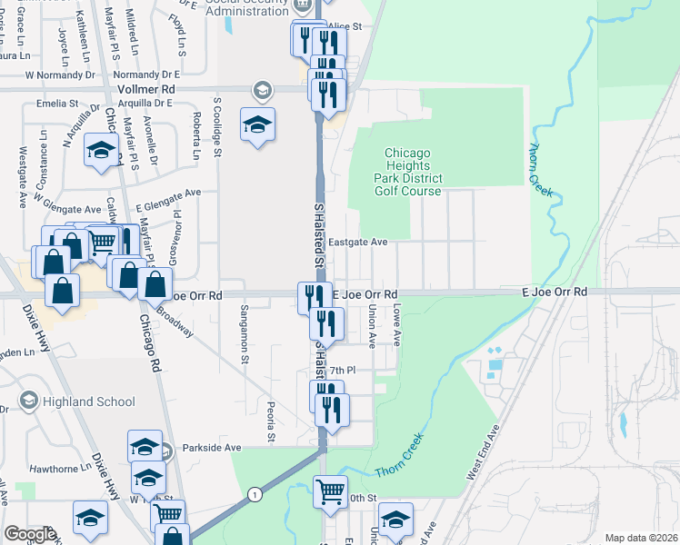 map of restaurants, bars, coffee shops, grocery stores, and more near 532 Emerald Avenue in Chicago Heights