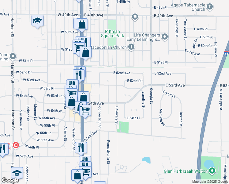 map of restaurants, bars, coffee shops, grocery stores, and more near 5330 Delaware Street in Merrillville
