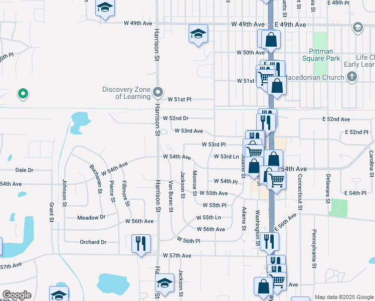 map of restaurants, bars, coffee shops, grocery stores, and more near 5353 Jackson Street in Merrillville
