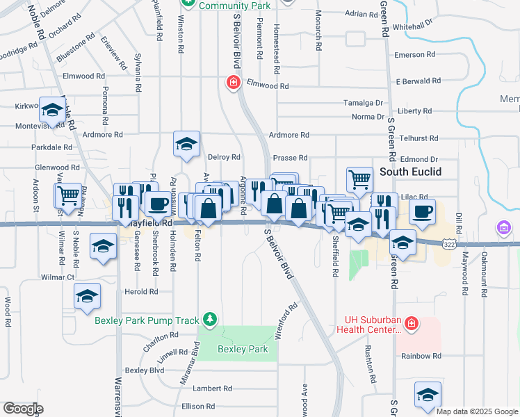 map of restaurants, bars, coffee shops, grocery stores, and more near 1414 South Belvoir Boulevard in South Euclid