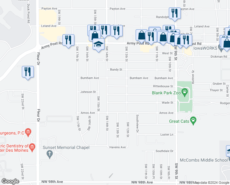 map of restaurants, bars, coffee shops, grocery stores, and more near 1331 Johnson Street in Des Moines