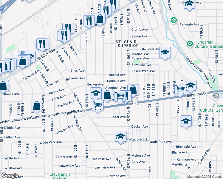 map of restaurants, bars, coffee shops, grocery stores, and more near 7512 Aberdeen Avenue in Cleveland