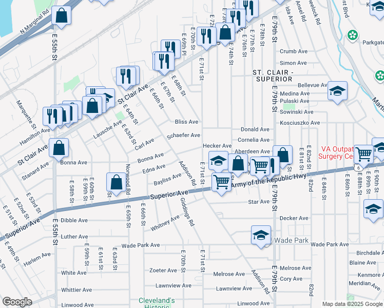 map of restaurants, bars, coffee shops, grocery stores, and more near 7004 Hecker Avenue in Cleveland