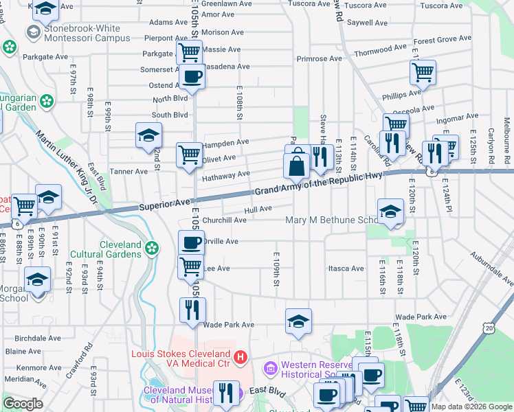 map of restaurants, bars, coffee shops, grocery stores, and more near 1314 East 108th Street in Cleveland