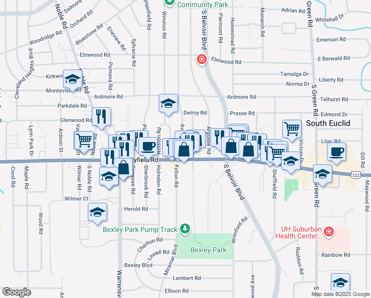 map of restaurants, bars, coffee shops, grocery stores, and more near 1415 Avondale Road in South Euclid