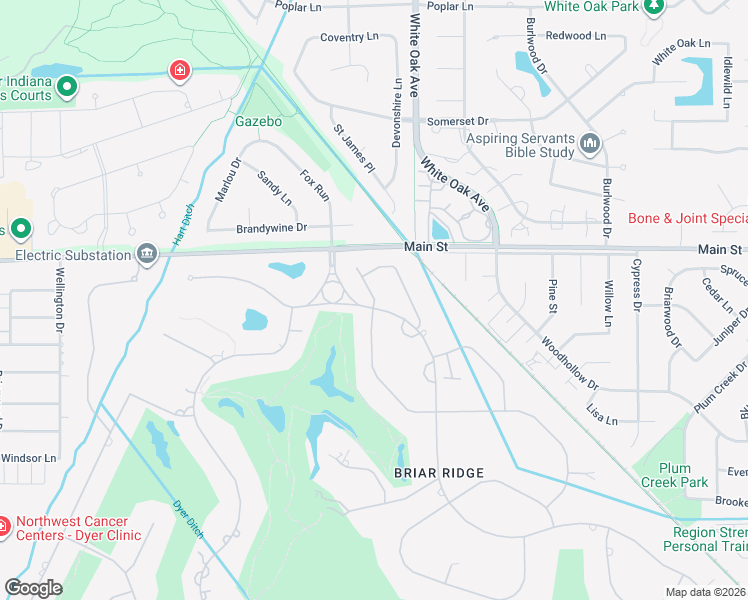 map of restaurants, bars, coffee shops, grocery stores, and more near 1 Inverness Dr in Schererville
