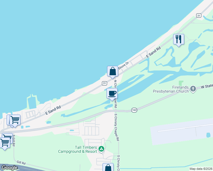 map of restaurants, bars, coffee shops, grocery stores, and more near 2348 East Sand Road in Port Clinton