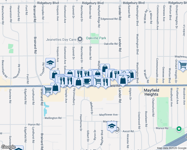 map of restaurants, bars, coffee shops, grocery stores, and more near 1431 Belrose Road in Mayfield Heights