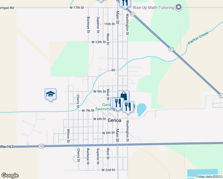 map of restaurants, bars, coffee shops, grocery stores, and more near 102 W 9th St in Genoa
