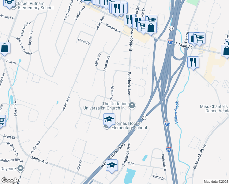 map of restaurants, bars, coffee shops, grocery stores, and more near 121 Oxbow Drive in Meriden