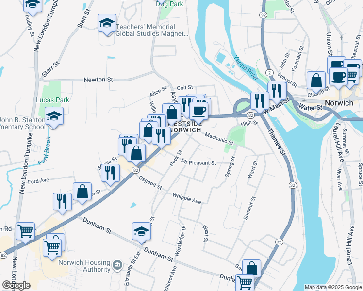 map of restaurants, bars, coffee shops, grocery stores, and more near 23 Peck Street in Norwich