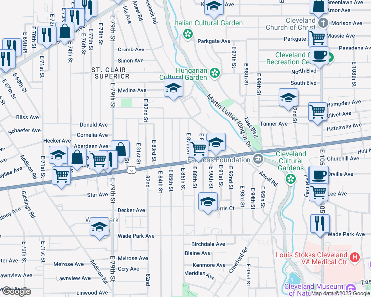 map of restaurants, bars, coffee shops, grocery stores, and more near 1238 East 87th Street in Cleveland