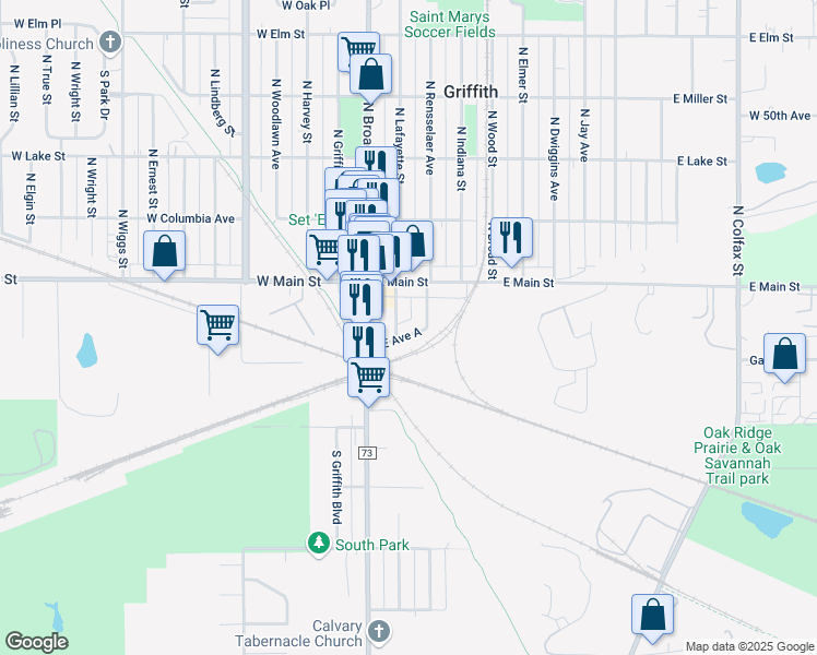 map of restaurants, bars, coffee shops, grocery stores, and more near 204 East Avenue A in Griffith