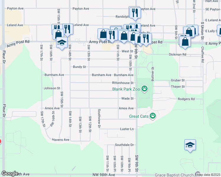 map of restaurants, bars, coffee shops, grocery stores, and more near 1119 Johnson Street in Des Moines