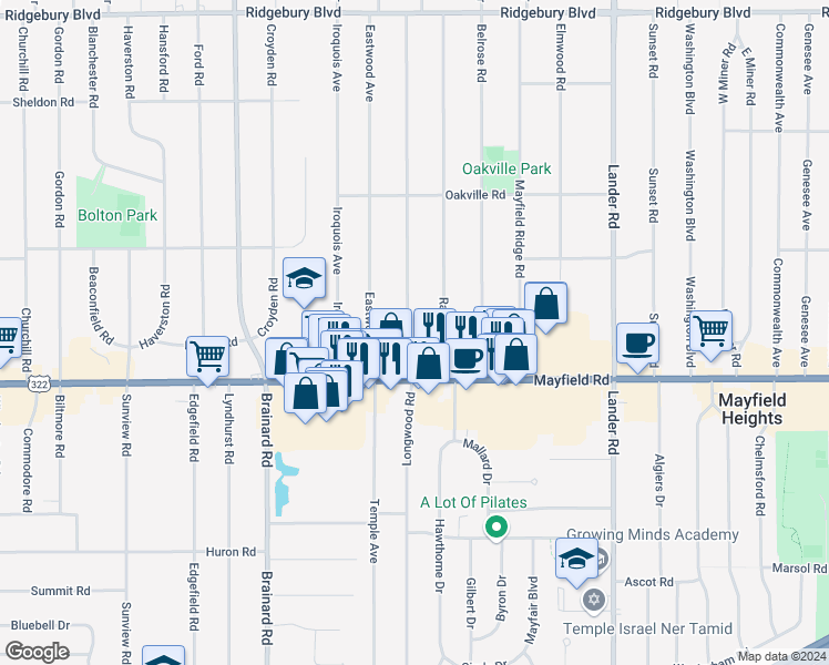 map of restaurants, bars, coffee shops, grocery stores, and more near 1431 Summit Drive in Mayfield Heights