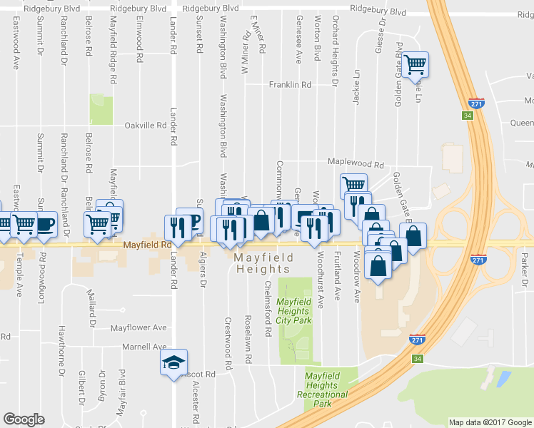 map of restaurants, bars, coffee shops, grocery stores, and more near 1433 East Miner Road in Mayfield Heights