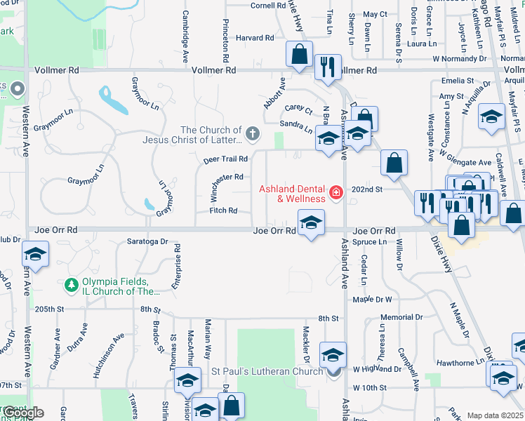 map of restaurants, bars, coffee shops, grocery stores, and more near 526 Wood St in Chicago Heights
