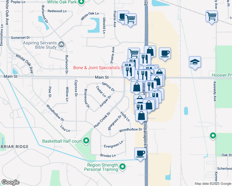 map of restaurants, bars, coffee shops, grocery stores, and more near 97 Juniper Drive in Schererville