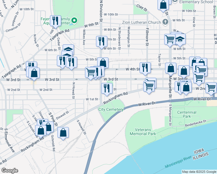 map of restaurants, bars, coffee shops, grocery stores, and more near 1628 West 2nd Street in Davenport