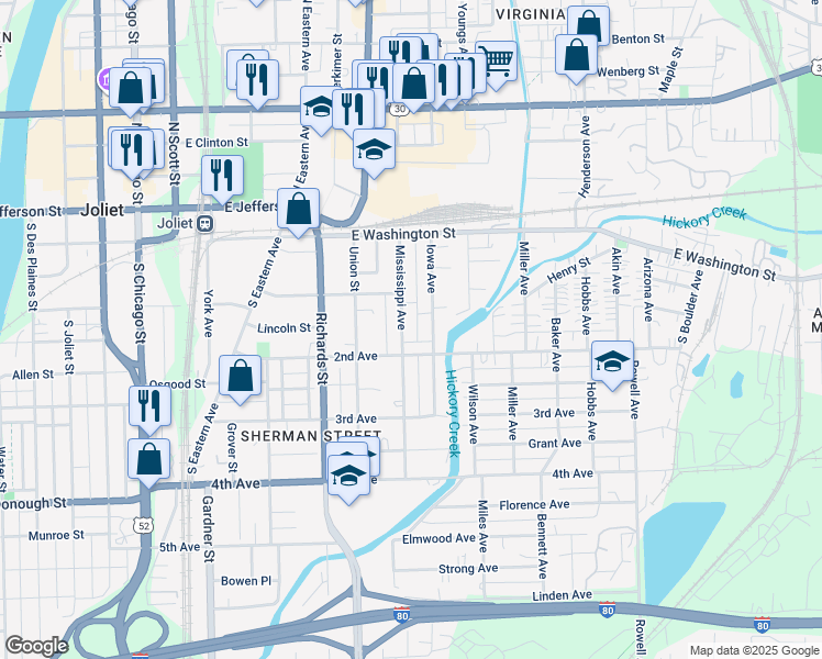map of restaurants, bars, coffee shops, grocery stores, and more near 114 Mississippi Avenue in Joliet
