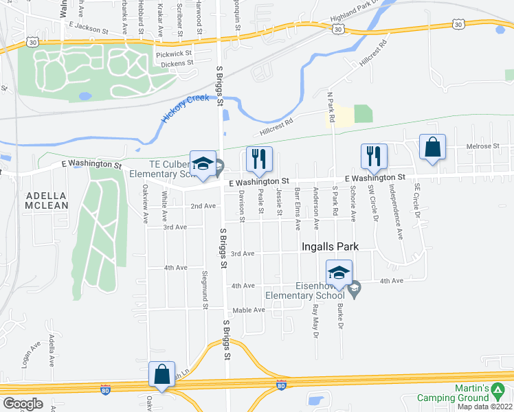 map of restaurants, bars, coffee shops, grocery stores, and more near 121 Peale Street in Joliet