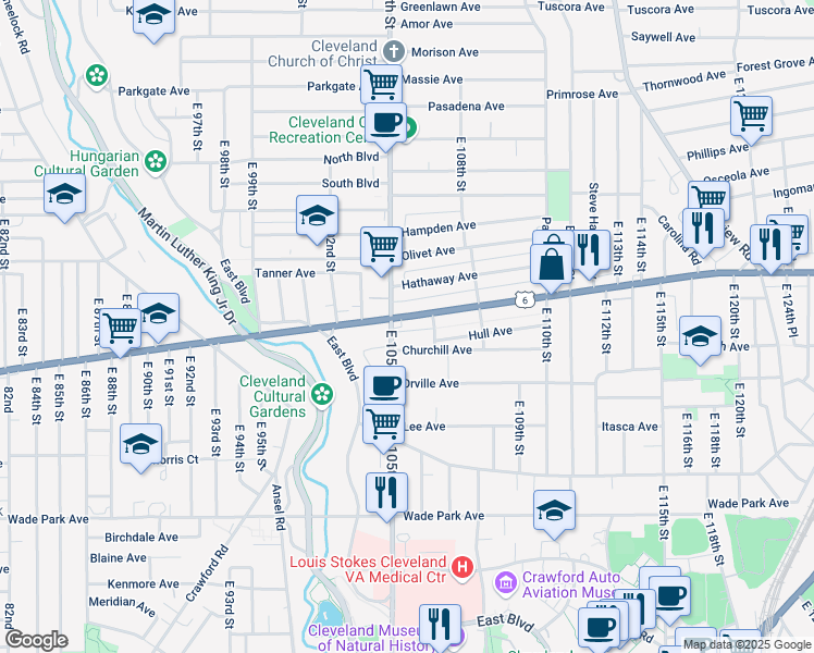 map of restaurants, bars, coffee shops, grocery stores, and more near 10518 Superior Avenue in Cleveland