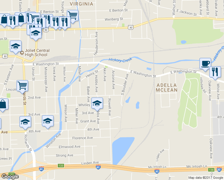 map of restaurants, bars, coffee shops, grocery stores, and more near 139 Arizona Avenue in Joliet