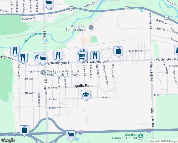 map of restaurants, bars, coffee shops, grocery stores, and more near 119 Schorie Ave in Joliet