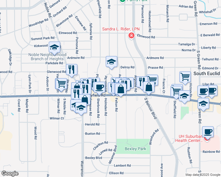 map of restaurants, bars, coffee shops, grocery stores, and more near 1418 Grantleigh Road in South Euclid