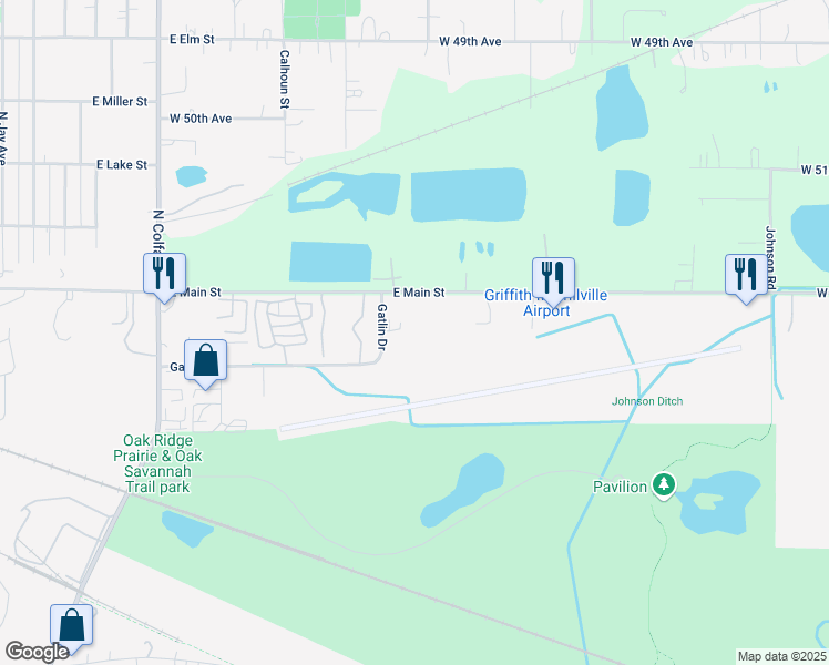 map of restaurants, bars, coffee shops, grocery stores, and more near 131 Gatlin Drive in Griffith