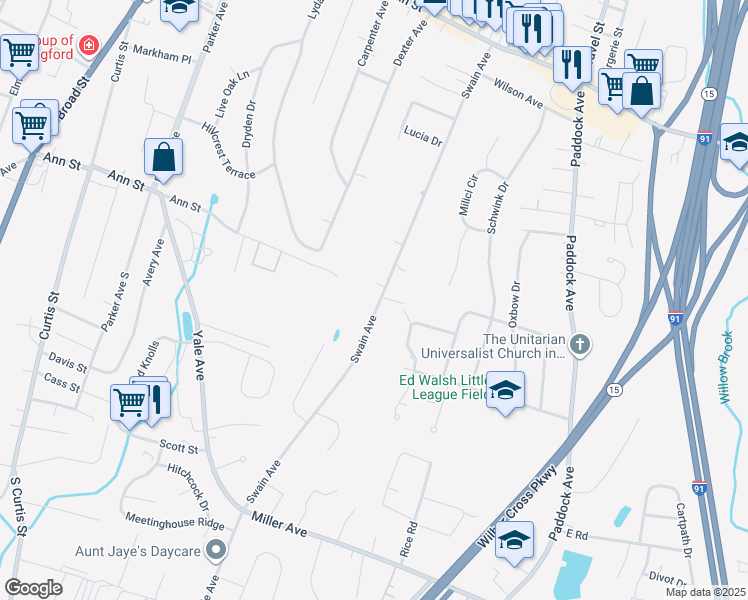 map of restaurants, bars, coffee shops, grocery stores, and more near 329 Swain Avenue in Meriden