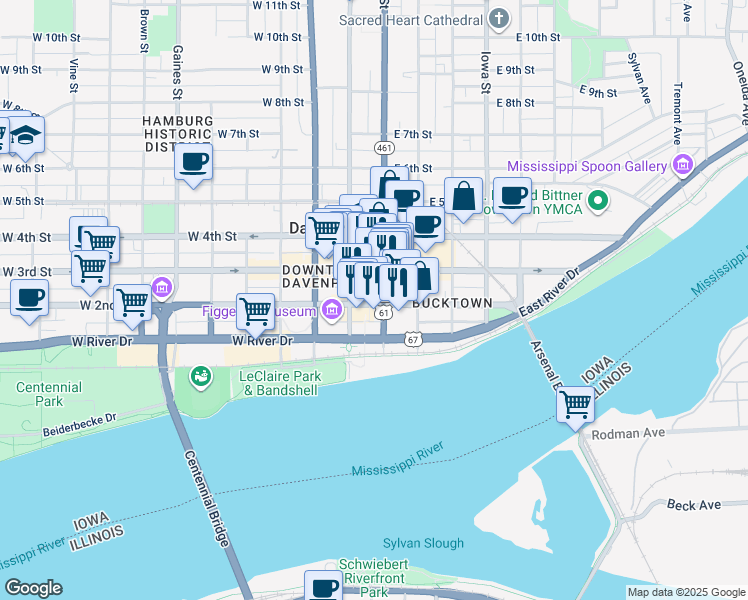 map of restaurants, bars, coffee shops, grocery stores, and more near 128 West 2nd Street in Davenport