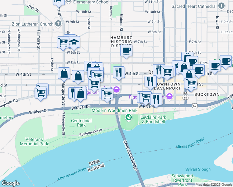 map of restaurants, bars, coffee shops, grocery stores, and more near 712 West 2nd Street in Davenport