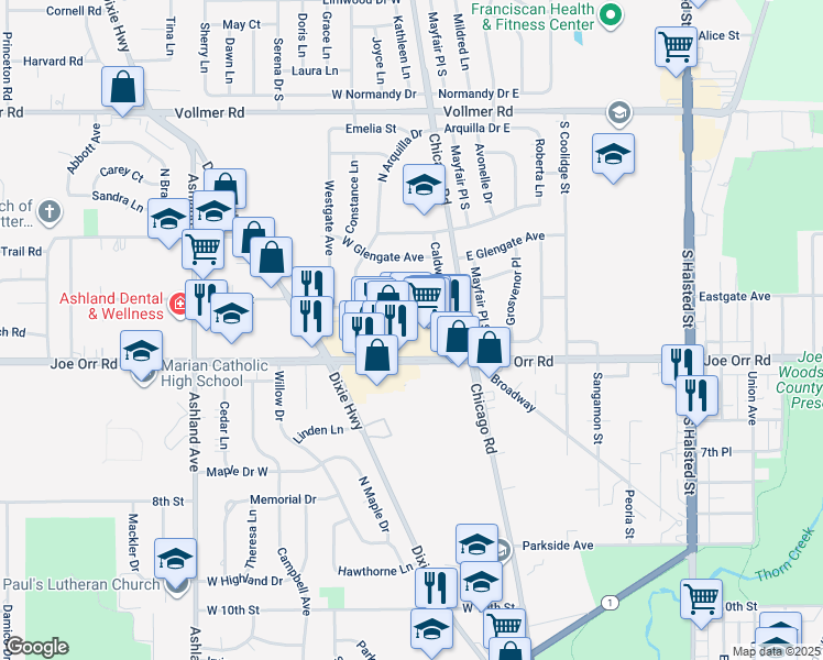 map of restaurants, bars, coffee shops, grocery stores, and more near 133 West Joe Orr Road in Chicago Heights