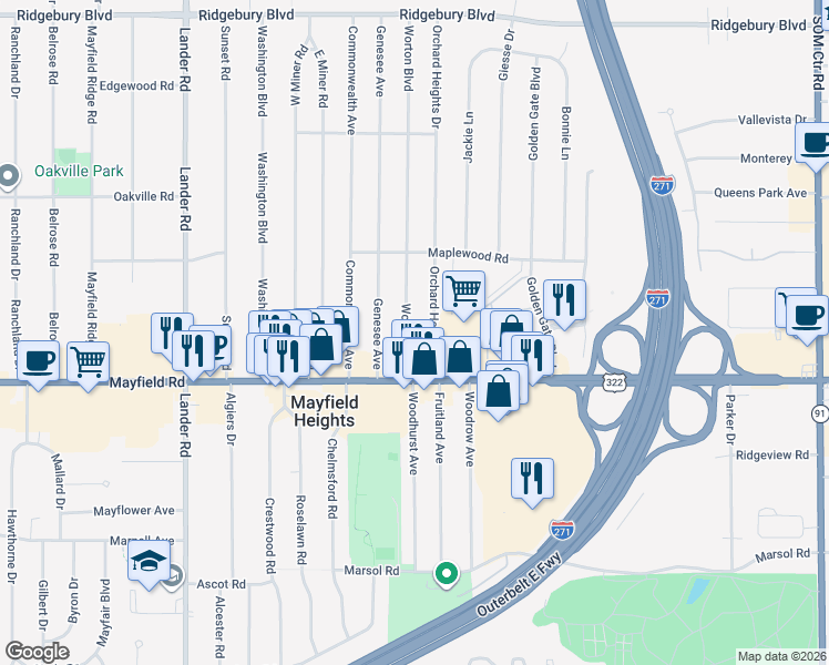 map of restaurants, bars, coffee shops, grocery stores, and more near 1431 Worton Blvd in Mayfield Heights