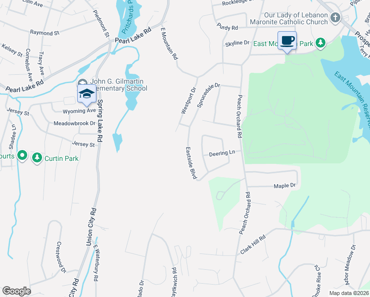 map of restaurants, bars, coffee shops, grocery stores, and more near 173 Eastside Boulevard in Waterbury
