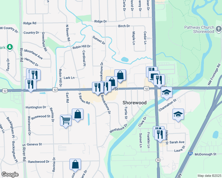 map of restaurants, bars, coffee shops, grocery stores, and more near West Jefferson Street in Shorewood