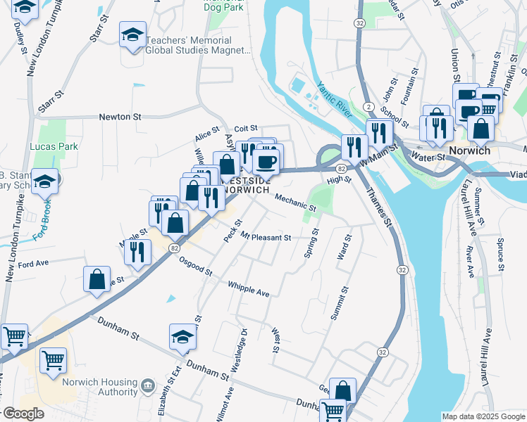 map of restaurants, bars, coffee shops, grocery stores, and more near 39 Elizabeth Street in Norwich